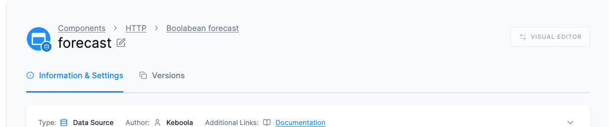 The forecast row's header with a greyed-out Visual Editor button; pointing at it shows the note that the code editor cannot be closed because the configuration is not compatible